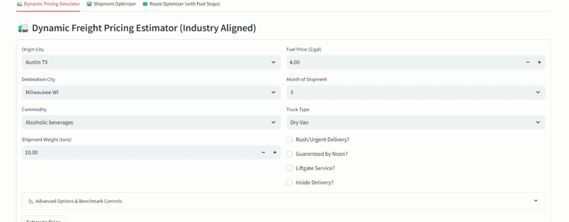 Streamlit logistics dashboard with pricing estimator and routing tool